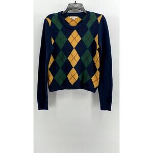 AMERICAN EAGLE Women's Navy-Yellow-Green Argyle Print Sweater SZ M